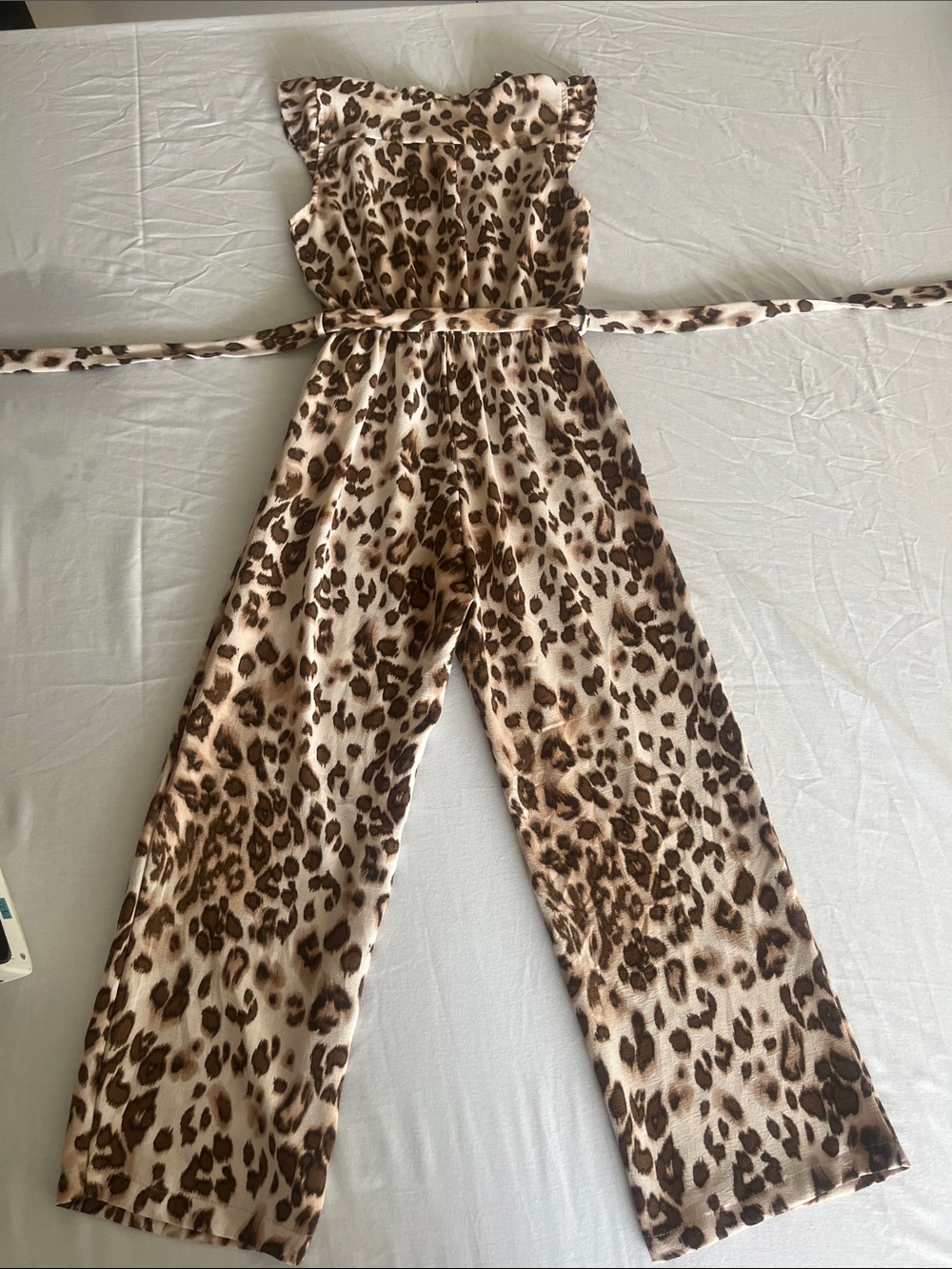 Monteau Cream and Brown Leopard-Print Ruffle-Shoulder One-Piece